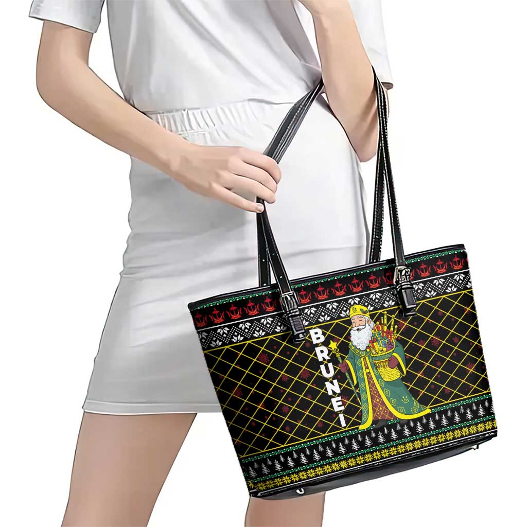 Brunei Christmas Leather Tote Bag with Traditional Santa Gift Basket and Black Yellow Red Holiday Pattern - Wonder Print Shop