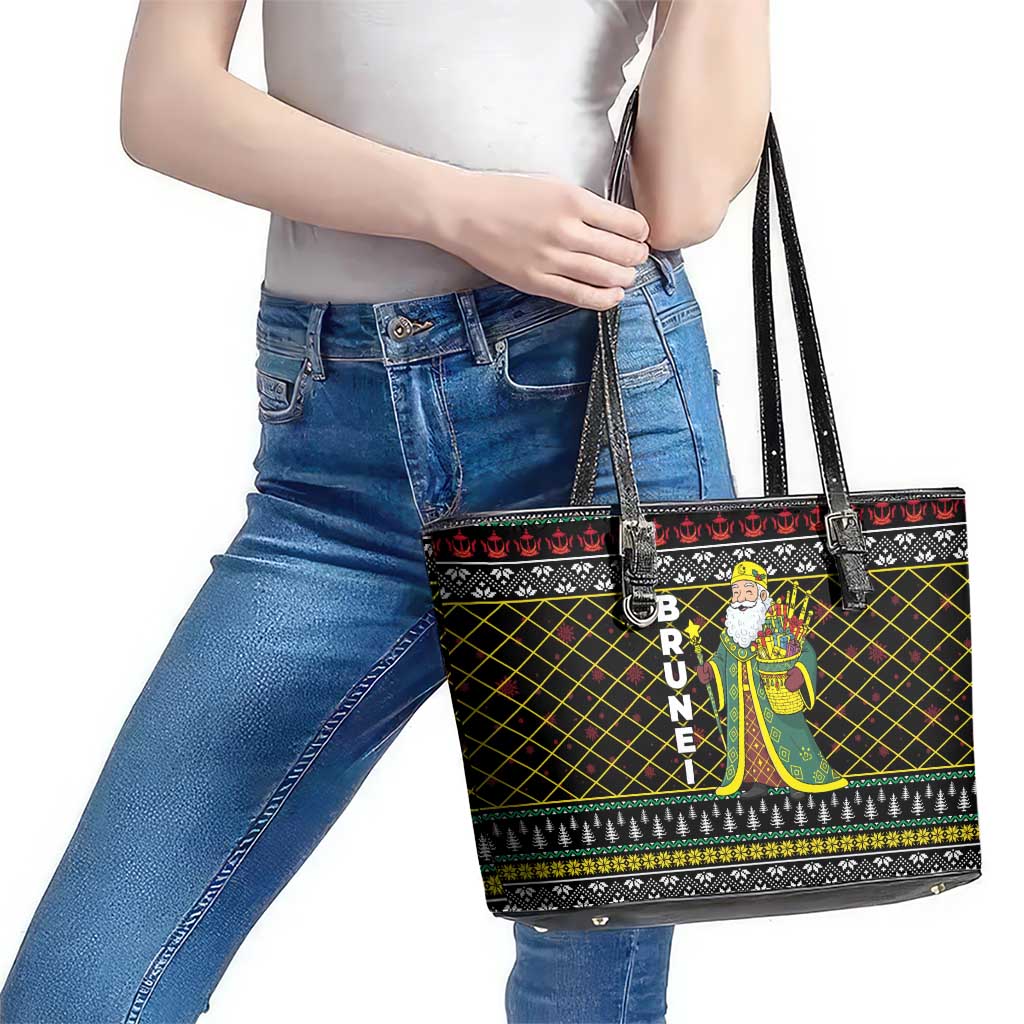 Brunei Christmas Leather Tote Bag with Traditional Santa Gift Basket and Black Yellow Red Holiday Pattern - Wonder Print Shop