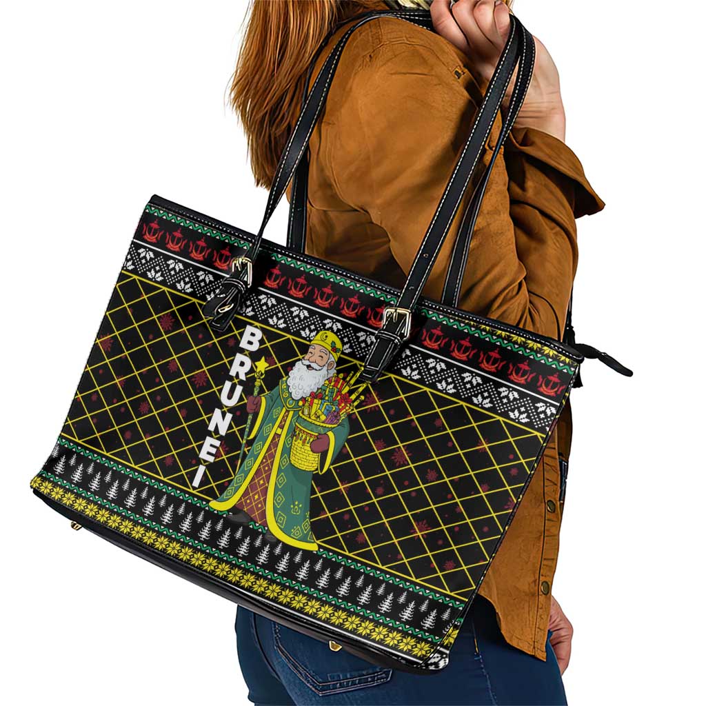 Brunei Christmas Leather Tote Bag with Traditional Santa Gift Basket and Black Yellow Red Holiday Pattern - Wonder Print Shop