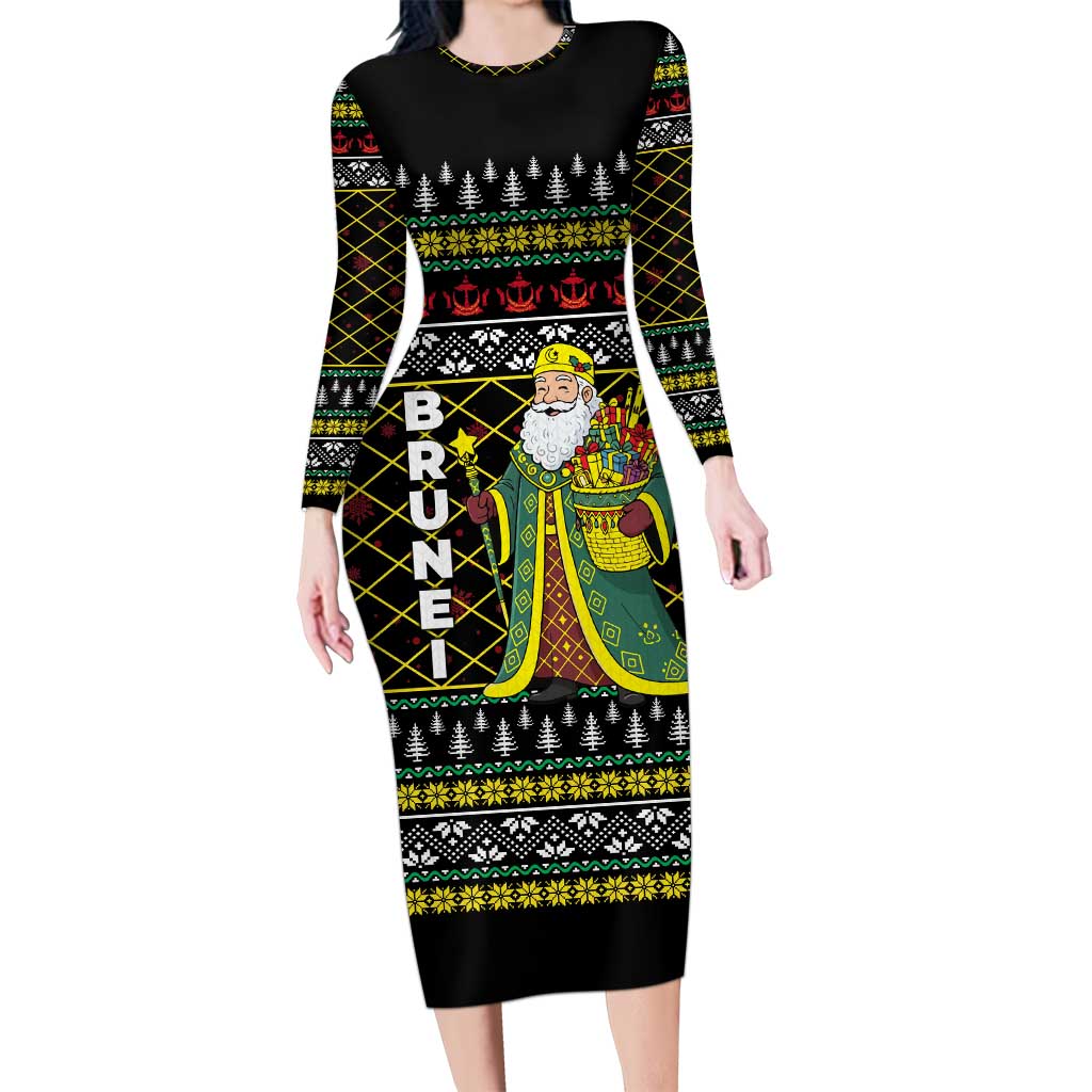 Brunei Christmas Long Sleeve Bodycon Dress with Traditional Santa Gift Basket and Black Yellow Red Holiday Pattern - Wonder Print Shop