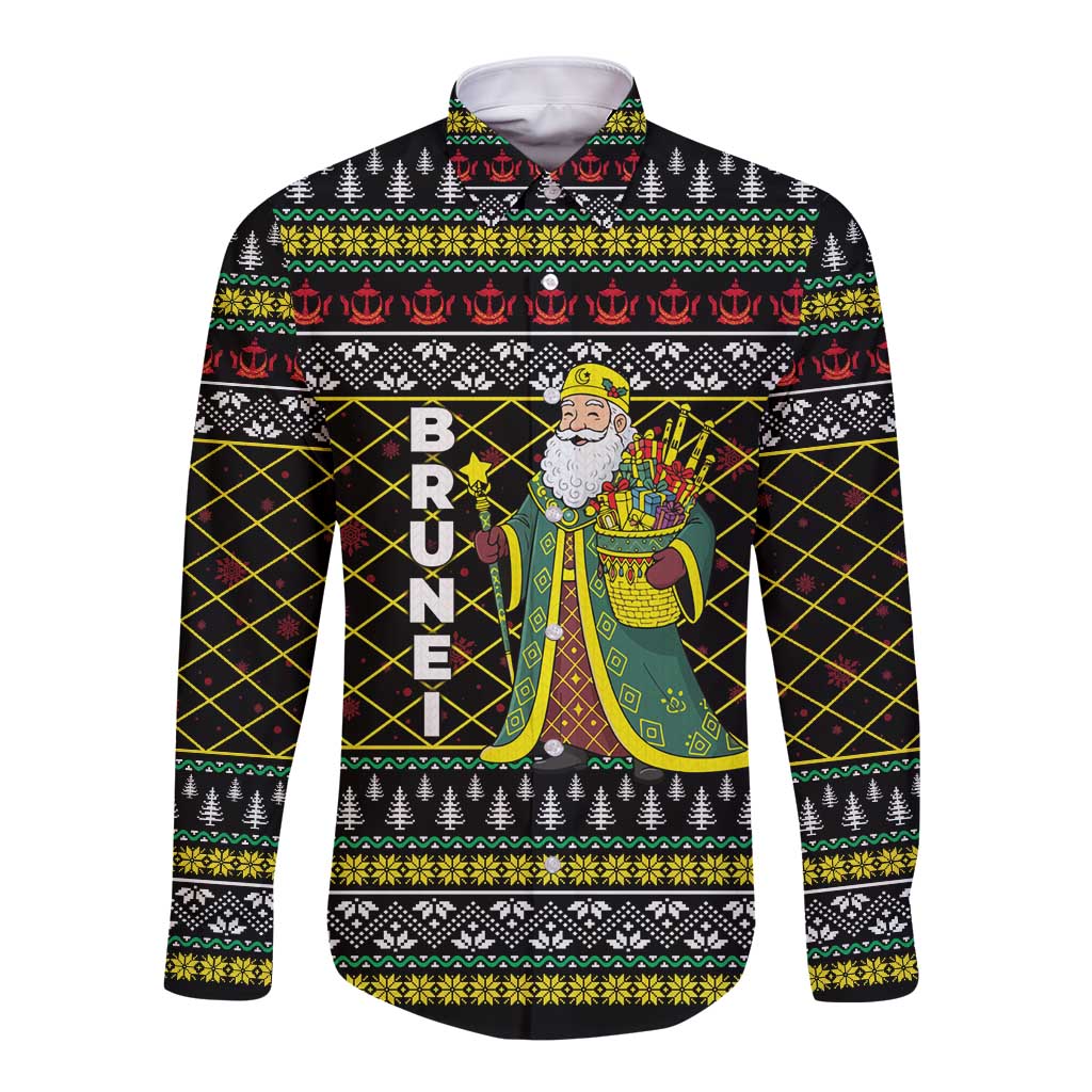 Brunei Christmas Long Sleeve Button Shirt with Traditional Santa Gift Basket and Black Yellow Red Holiday Pattern - Wonder Print Shop