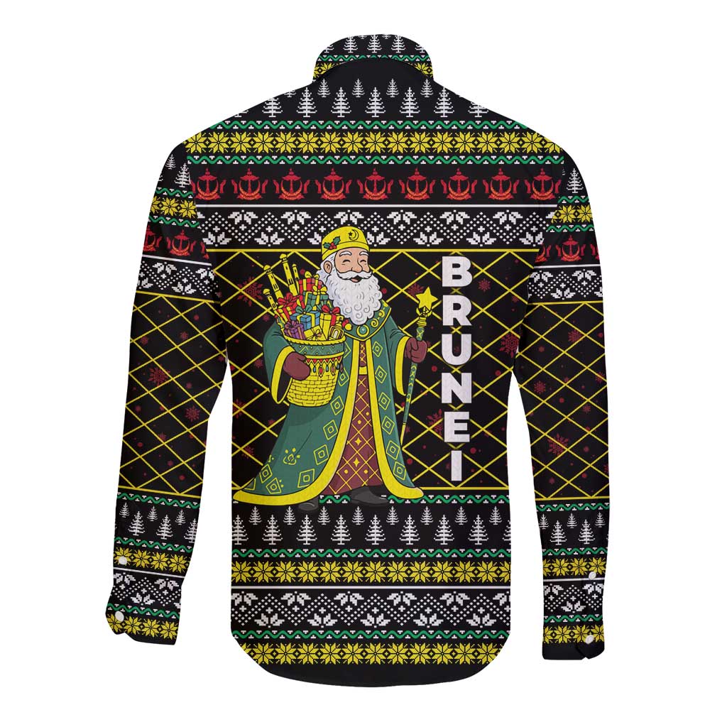 Brunei Christmas Long Sleeve Button Shirt with Traditional Santa Gift Basket and Black Yellow Red Holiday Pattern - Wonder Print Shop