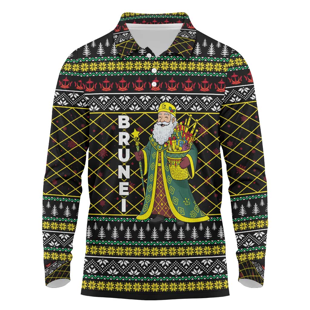 Brunei Christmas Long Sleeve Polo Shirt with Traditional Santa Gift Basket and Black Yellow Red Holiday Pattern - Wonder Print Shop