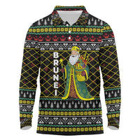 Brunei Christmas Long Sleeve Polo Shirt with Traditional Santa Gift Basket and Black Yellow Red Holiday Pattern - Wonder Print Shop