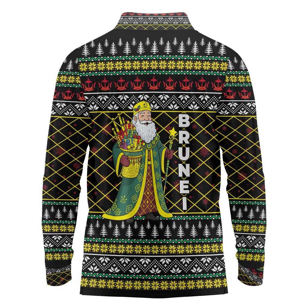 Brunei Christmas Long Sleeve Polo Shirt with Traditional Santa Gift Basket and Black Yellow Red Holiday Pattern - Wonder Print Shop