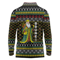 Brunei Christmas Long Sleeve Polo Shirt with Traditional Santa Gift Basket and Black Yellow Red Holiday Pattern - Wonder Print Shop