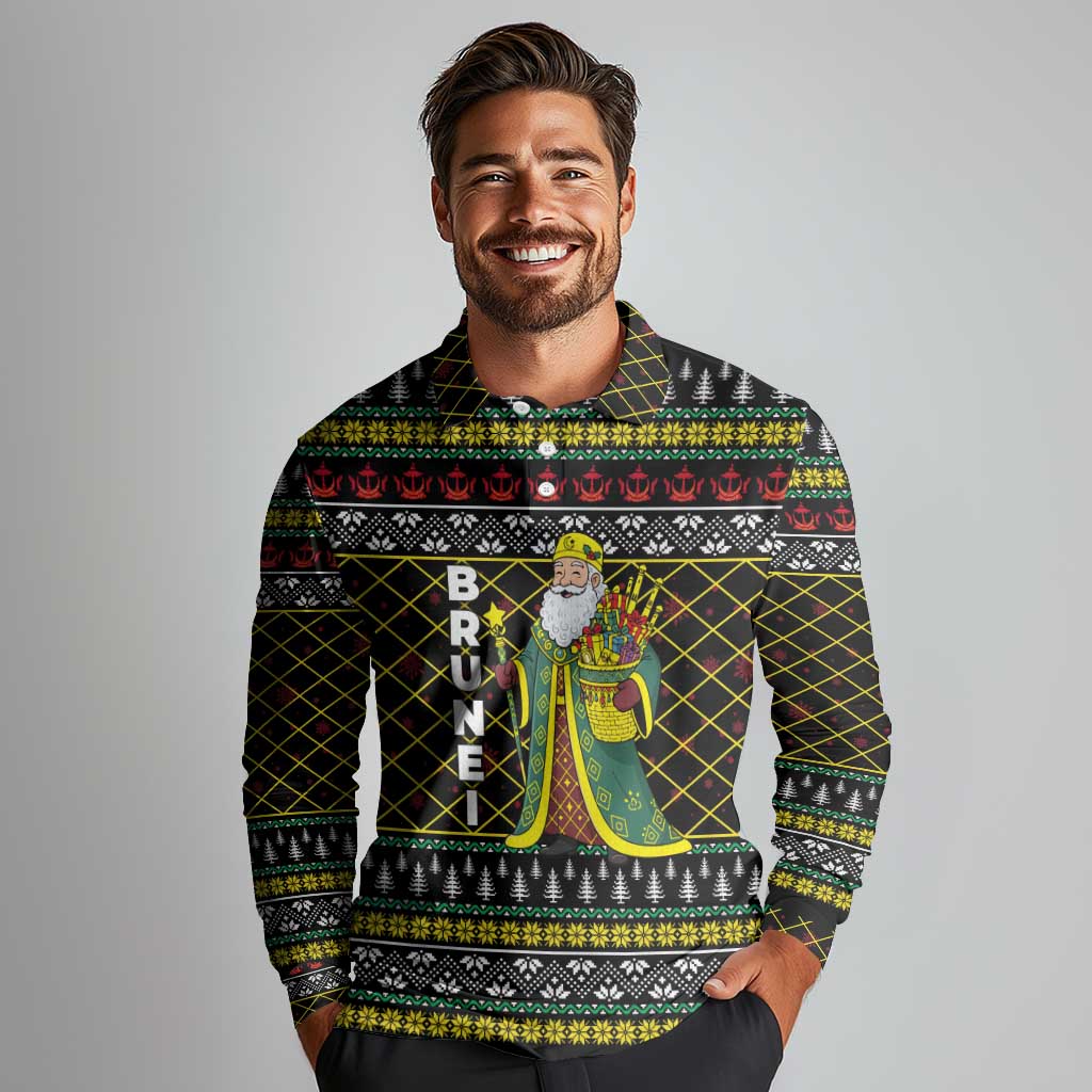 Brunei Christmas Long Sleeve Polo Shirt with Traditional Santa Gift Basket and Black Yellow Red Holiday Pattern - Wonder Print Shop
