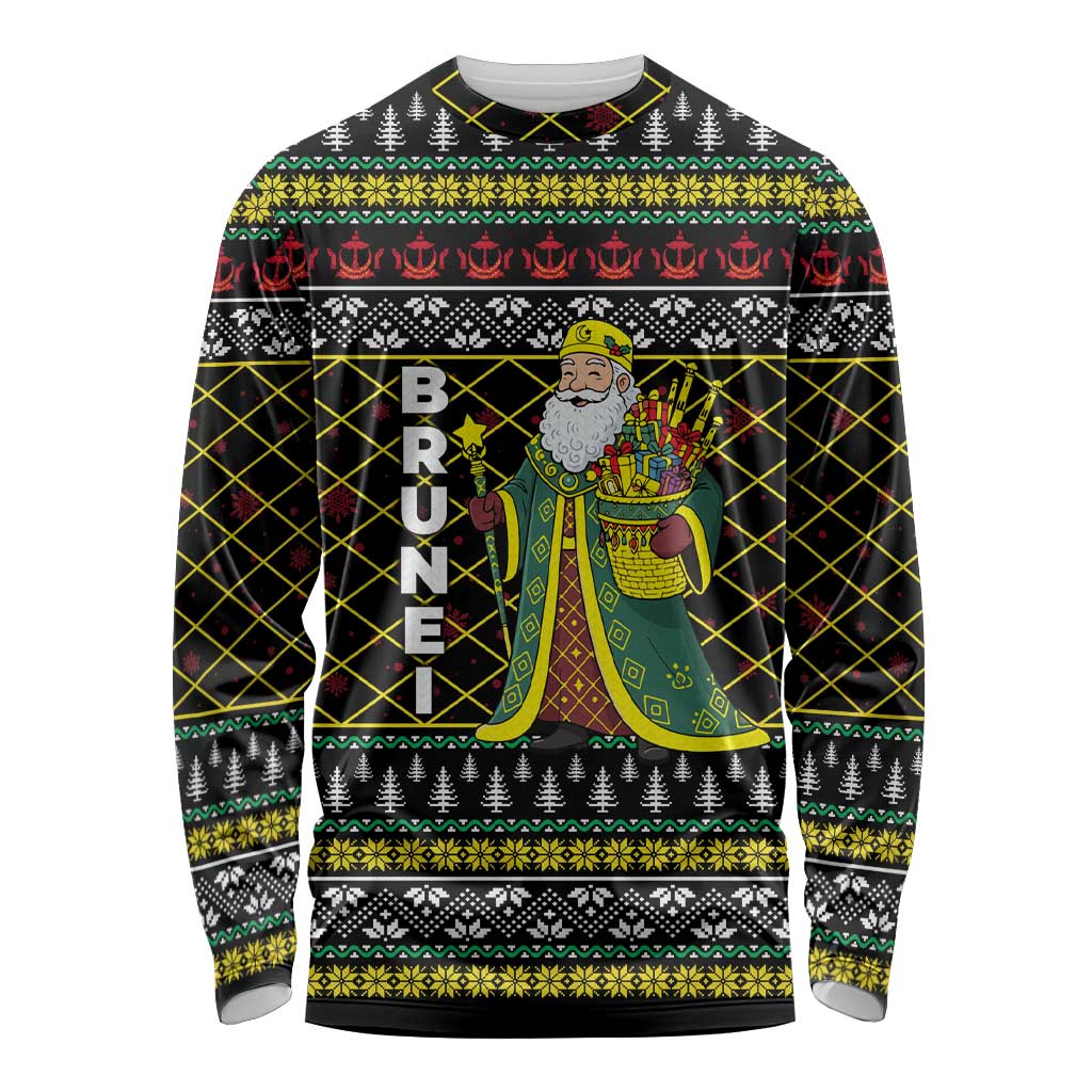 Brunei Christmas Long Sleeve Shirt with Traditional Santa Gift Basket and Black Yellow Red Holiday Pattern - Wonder Print Shop