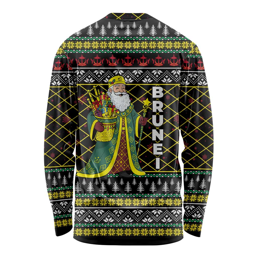 Brunei Christmas Long Sleeve Shirt with Traditional Santa Gift Basket and Black Yellow Red Holiday Pattern - Wonder Print Shop
