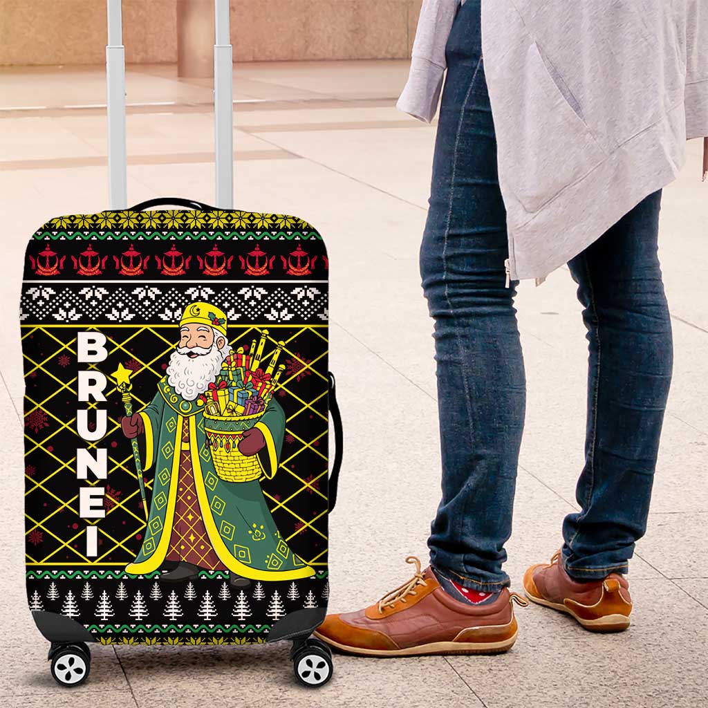 Brunei Christmas Luggage Cover with Traditional Santa Gift Basket and Black Yellow Red Holiday Pattern - Wonder Print Shop