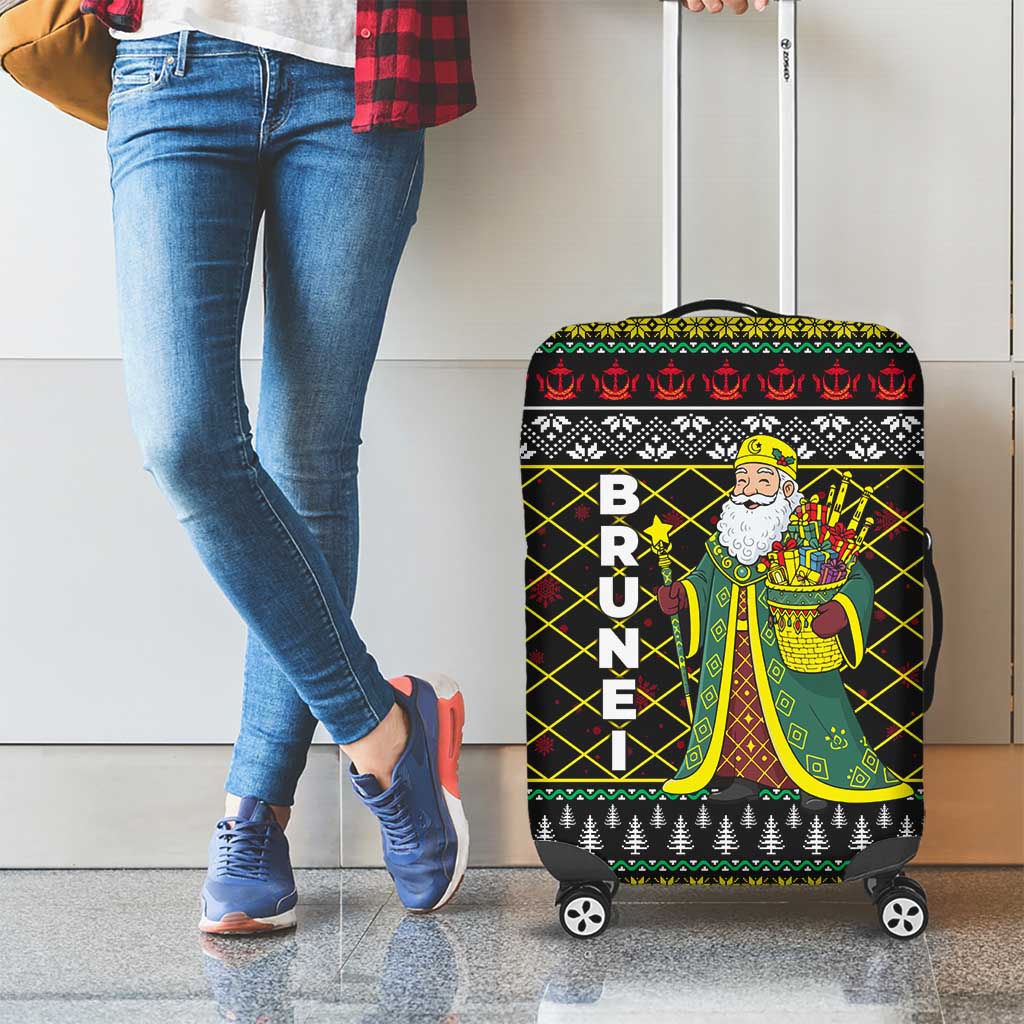 Brunei Christmas Luggage Cover with Traditional Santa Gift Basket and Black Yellow Red Holiday Pattern - Wonder Print Shop