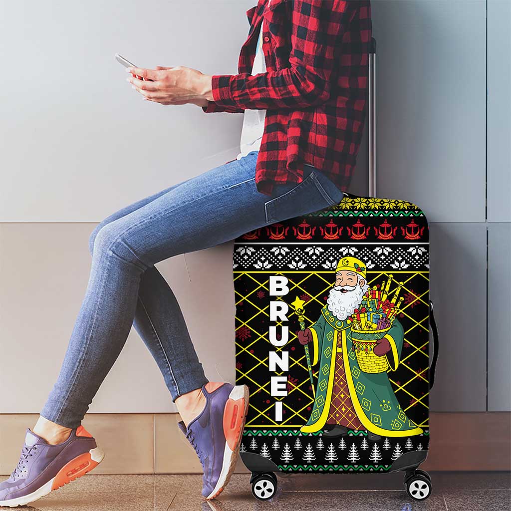 Brunei Christmas Luggage Cover with Traditional Santa Gift Basket and Black Yellow Red Holiday Pattern - Wonder Print Shop