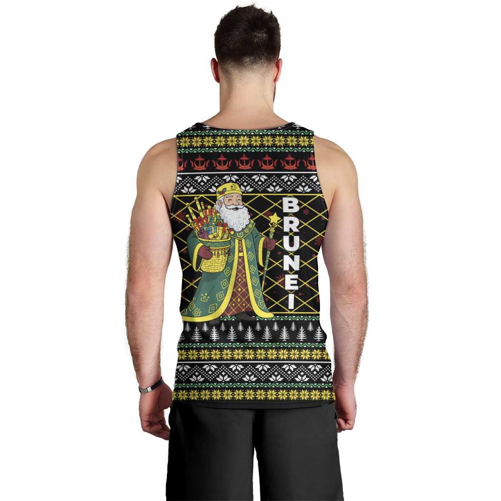 Brunei Christmas Men Tank Top with Traditional Santa Gift Basket and Black Yellow Red Holiday Pattern - Wonder Print Shop