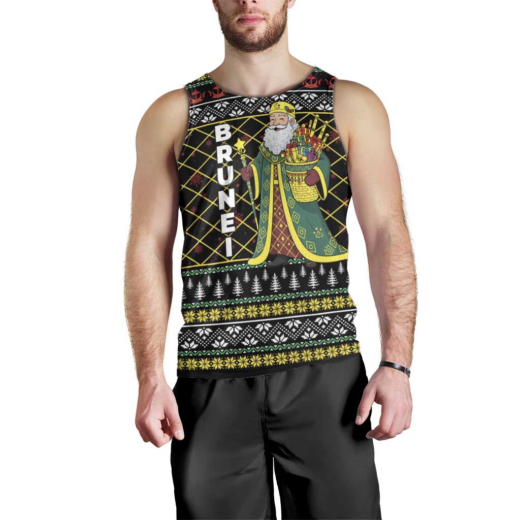 Brunei Christmas Men Tank Top with Traditional Santa Gift Basket and Black Yellow Red Holiday Pattern - Wonder Print Shop