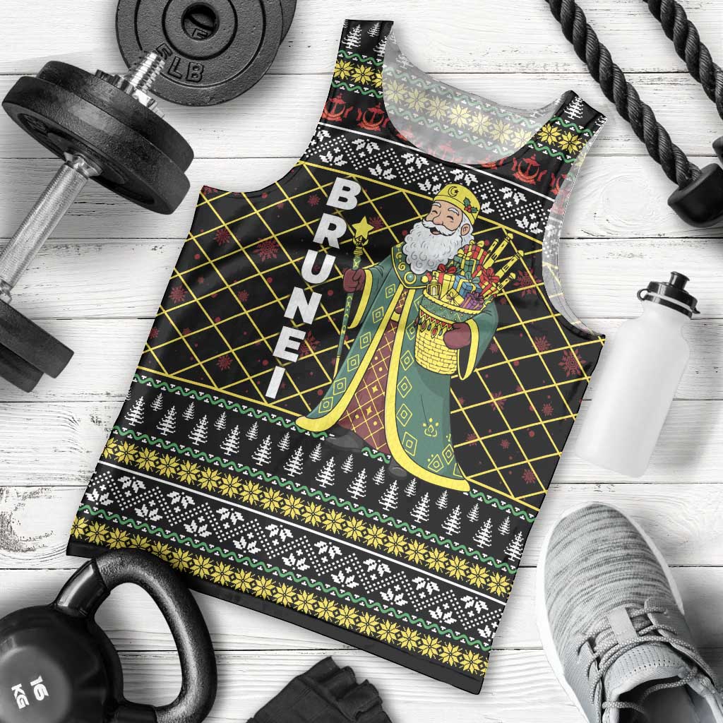 Brunei Christmas Men Tank Top with Traditional Santa Gift Basket and Black Yellow Red Holiday Pattern - Wonder Print Shop