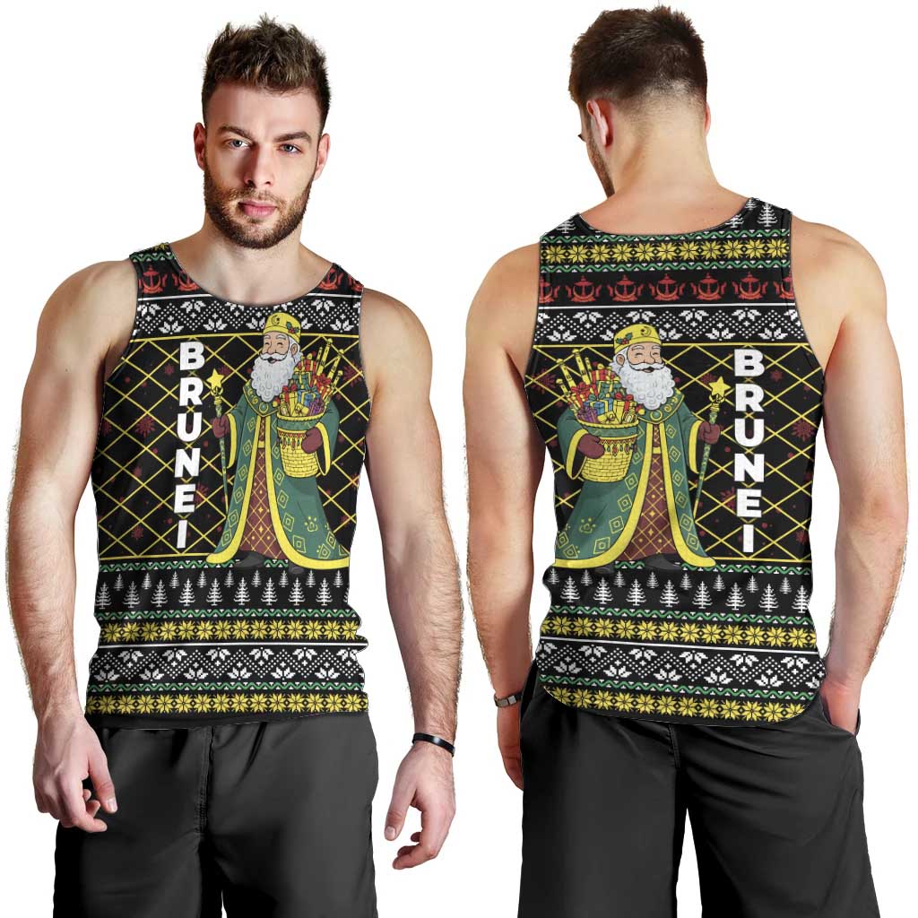 Brunei Christmas Men Tank Top with Traditional Santa Gift Basket and Black Yellow Red Holiday Pattern - Wonder Print Shop