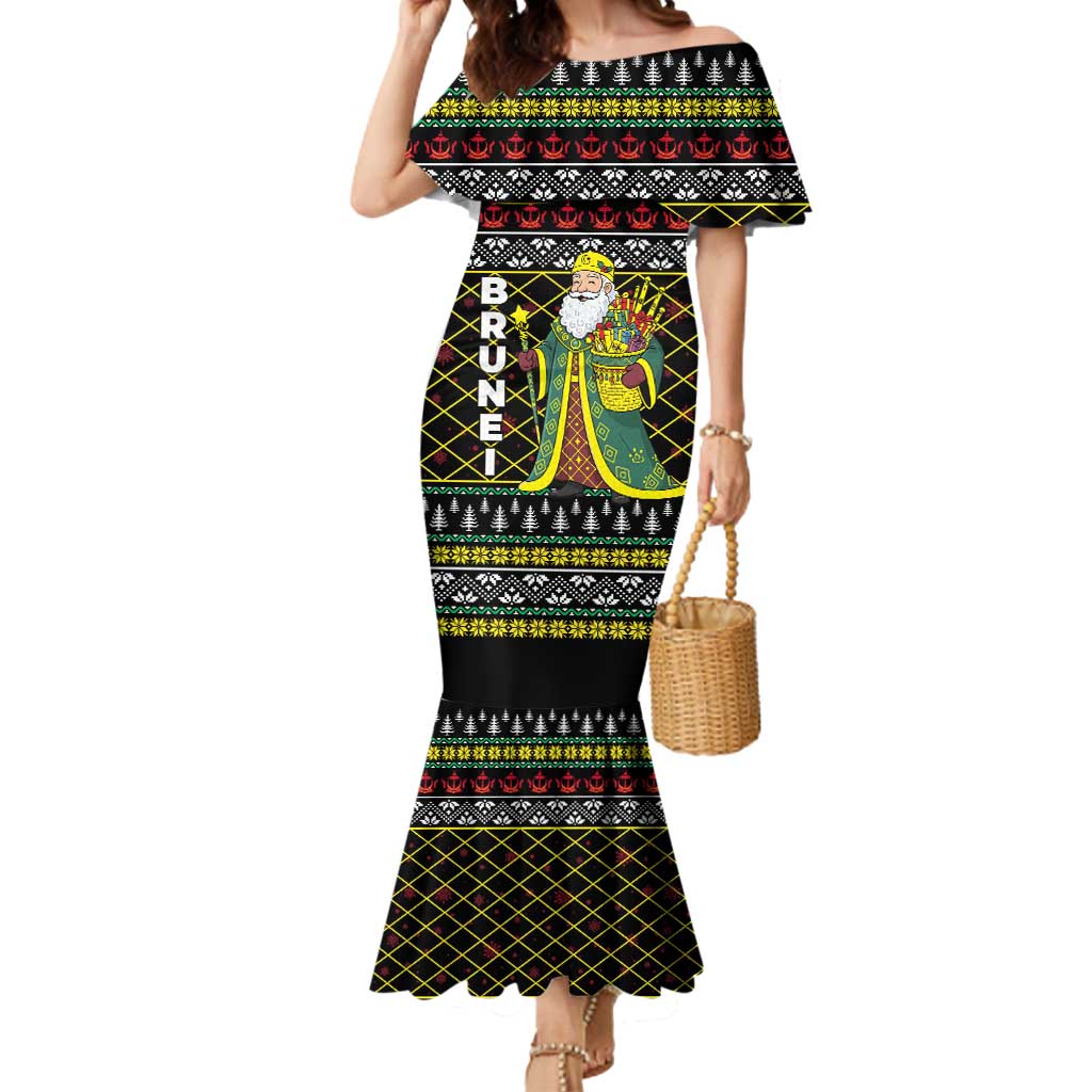 Brunei Christmas Mermaid Dress with Traditional Santa Gift Basket and Black Yellow Red Holiday Pattern - Wonder Print Shop