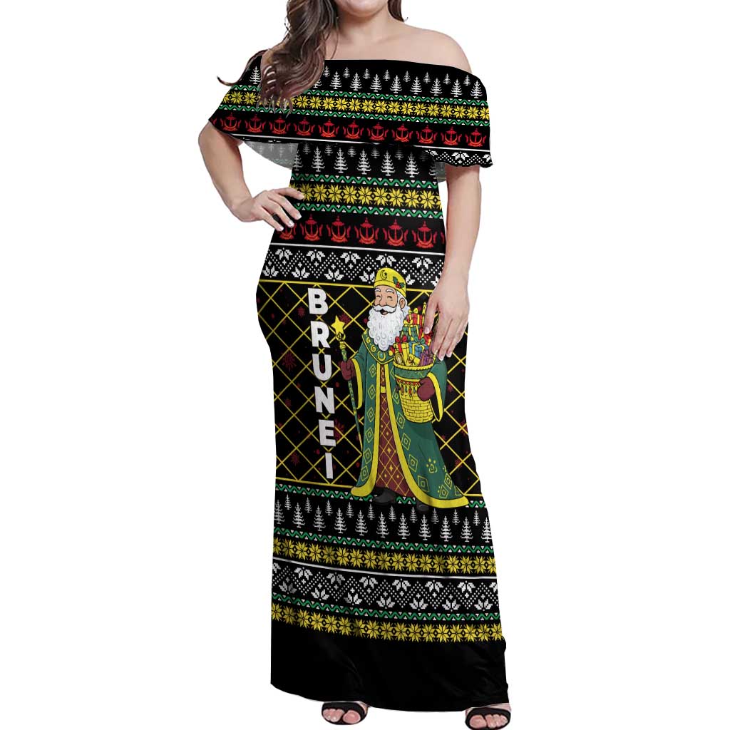 Brunei Christmas Off Shoulder Maxi Dress with Traditional Santa Gift Basket and Black Yellow Red Holiday Pattern - Wonder Print Shop