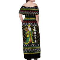 Brunei Christmas Off Shoulder Maxi Dress with Traditional Santa Gift Basket and Black Yellow Red Holiday Pattern - Wonder Print Shop