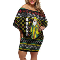 Brunei Christmas Off Shoulder Short Dress with Traditional Santa Gift Basket and Black Yellow Red Holiday Pattern - Wonder Print Shop
