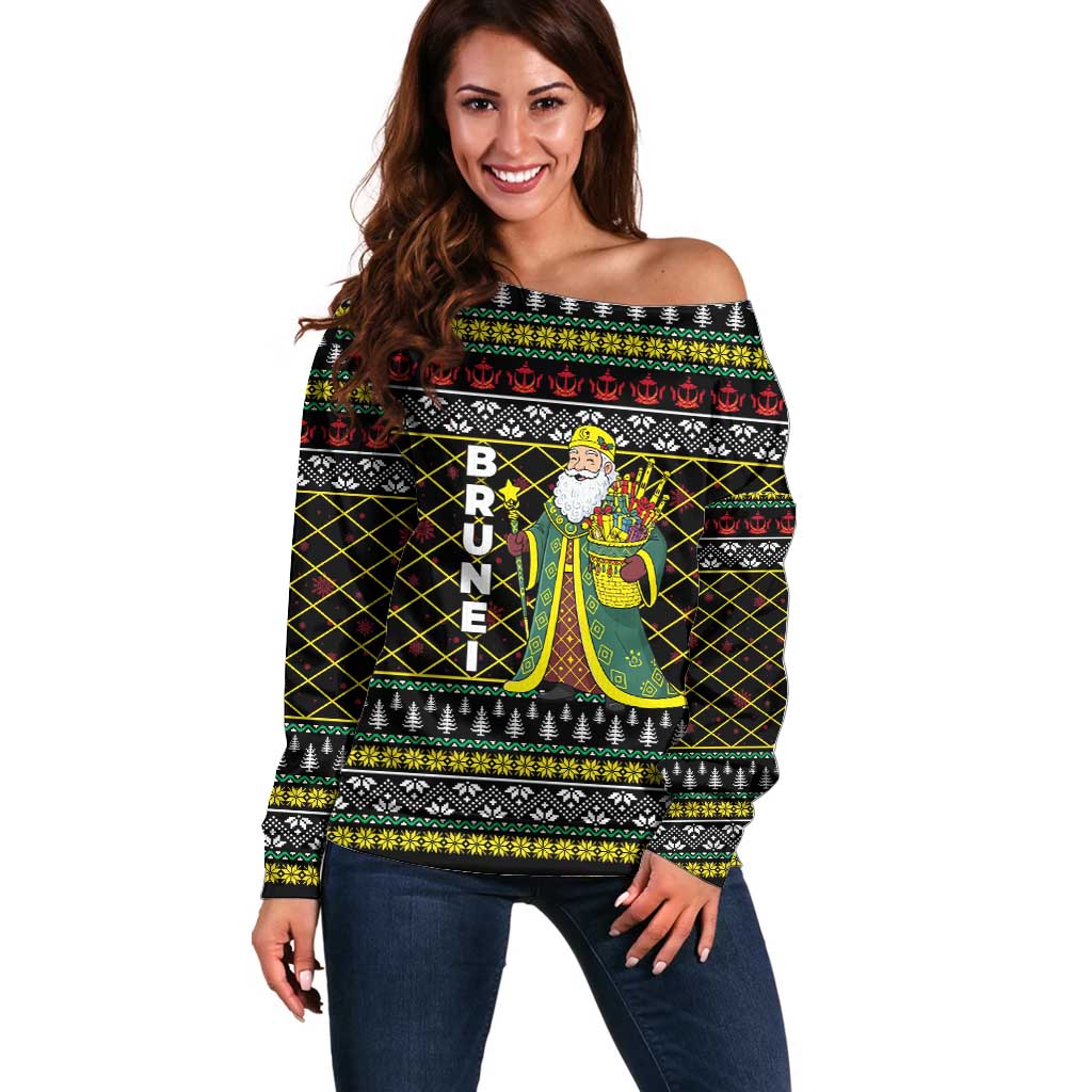 Brunei Christmas Off Shoulder Sweater with Traditional Santa Gift Basket and Black Yellow Red Holiday Pattern - Wonder Print Shop