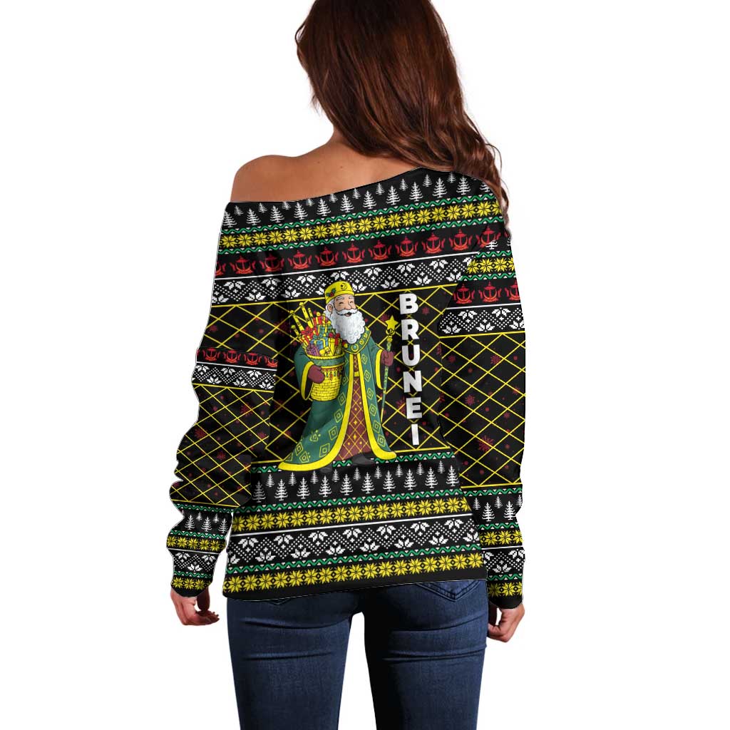 Brunei Christmas Off Shoulder Sweater with Traditional Santa Gift Basket and Black Yellow Red Holiday Pattern - Wonder Print Shop
