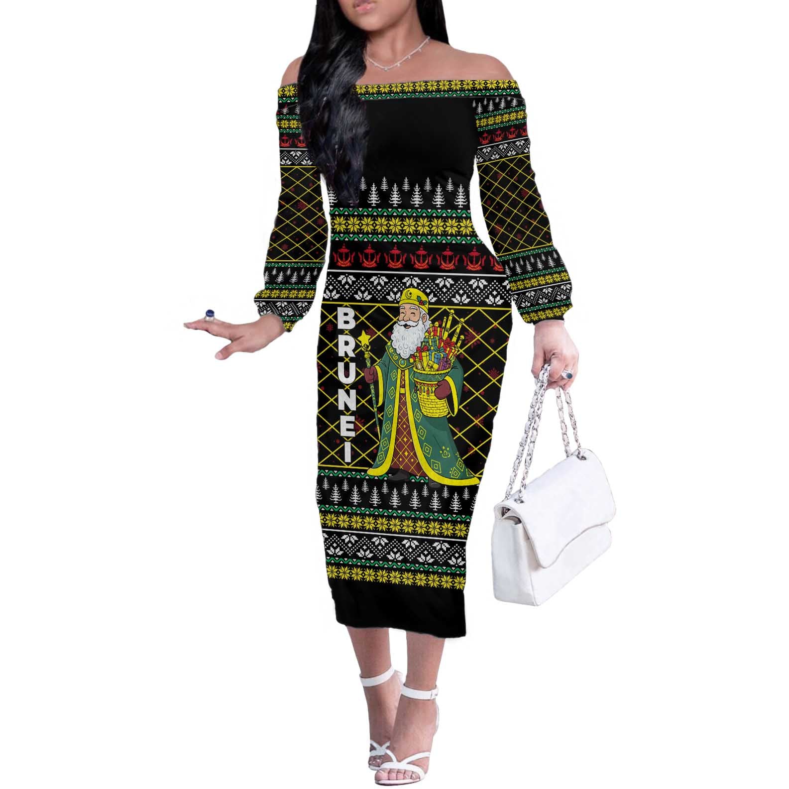 Brunei Christmas Off The Shoulder Long Sleeve Dress with Traditional Santa Gift Basket and Black Yellow Red Holiday Pattern - Wonder Print Shop