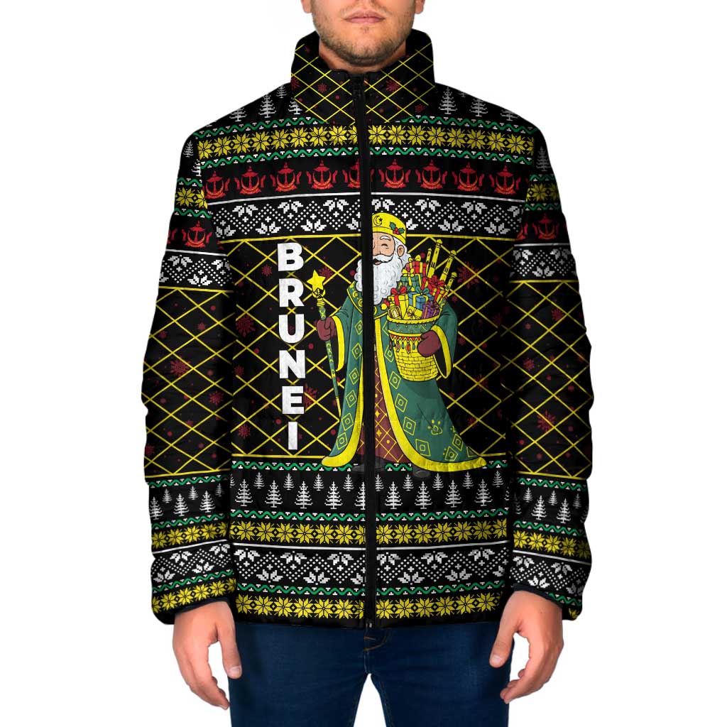 Brunei Christmas Padded Jacket with Traditional Santa Gift Basket and Black Yellow Red Holiday Pattern - Wonder Print Shop