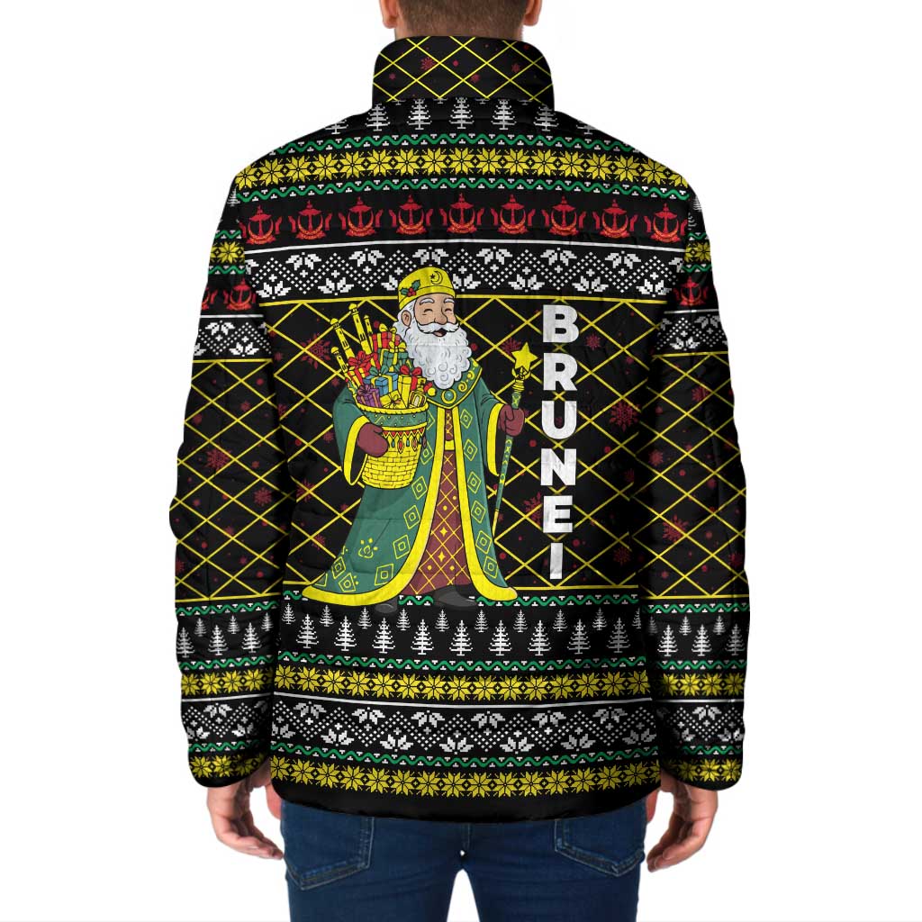 Brunei Christmas Padded Jacket with Traditional Santa Gift Basket and Black Yellow Red Holiday Pattern - Wonder Print Shop