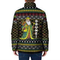 Brunei Christmas Padded Jacket with Traditional Santa Gift Basket and Black Yellow Red Holiday Pattern - Wonder Print Shop