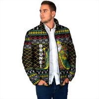 Brunei Christmas Padded Jacket with Traditional Santa Gift Basket and Black Yellow Red Holiday Pattern - Wonder Print Shop