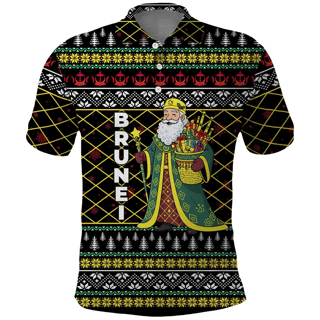 Brunei Christmas Polo Shirt with Traditional Santa Gift Basket and Black Yellow Red Holiday Pattern - Wonder Print Shop
