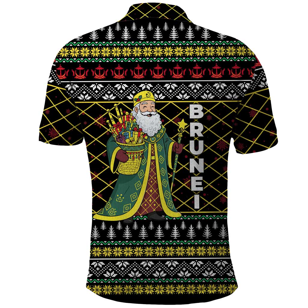 Brunei Christmas Polo Shirt with Traditional Santa Gift Basket and Black Yellow Red Holiday Pattern - Wonder Print Shop