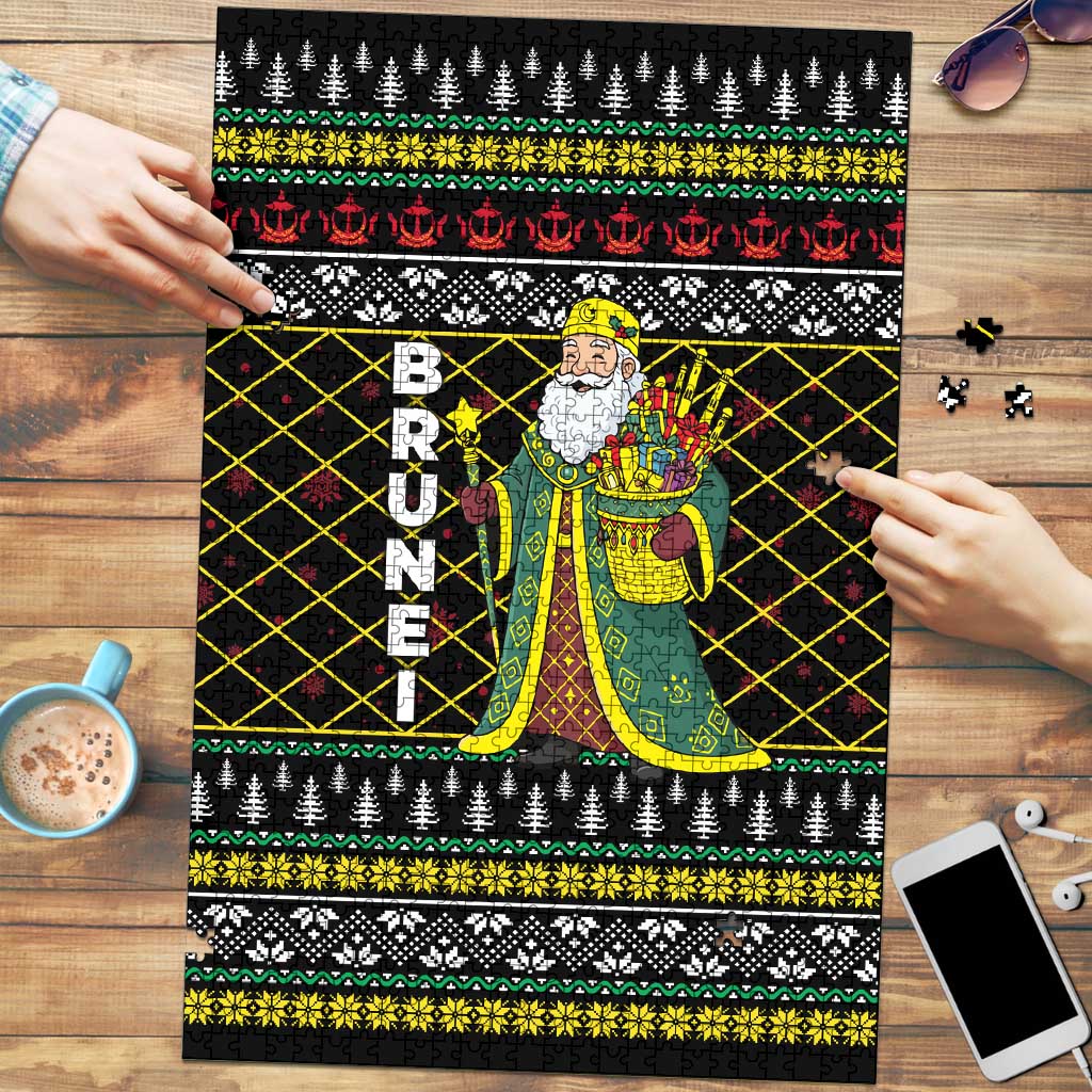 Brunei Christmas Puzzle with Traditional Santa Gift Basket and Black Yellow Red Holiday Pattern - Wonder Print Shop