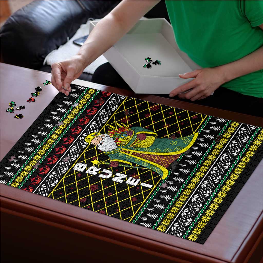 Brunei Christmas Puzzle with Traditional Santa Gift Basket and Black Yellow Red Holiday Pattern - Wonder Print Shop