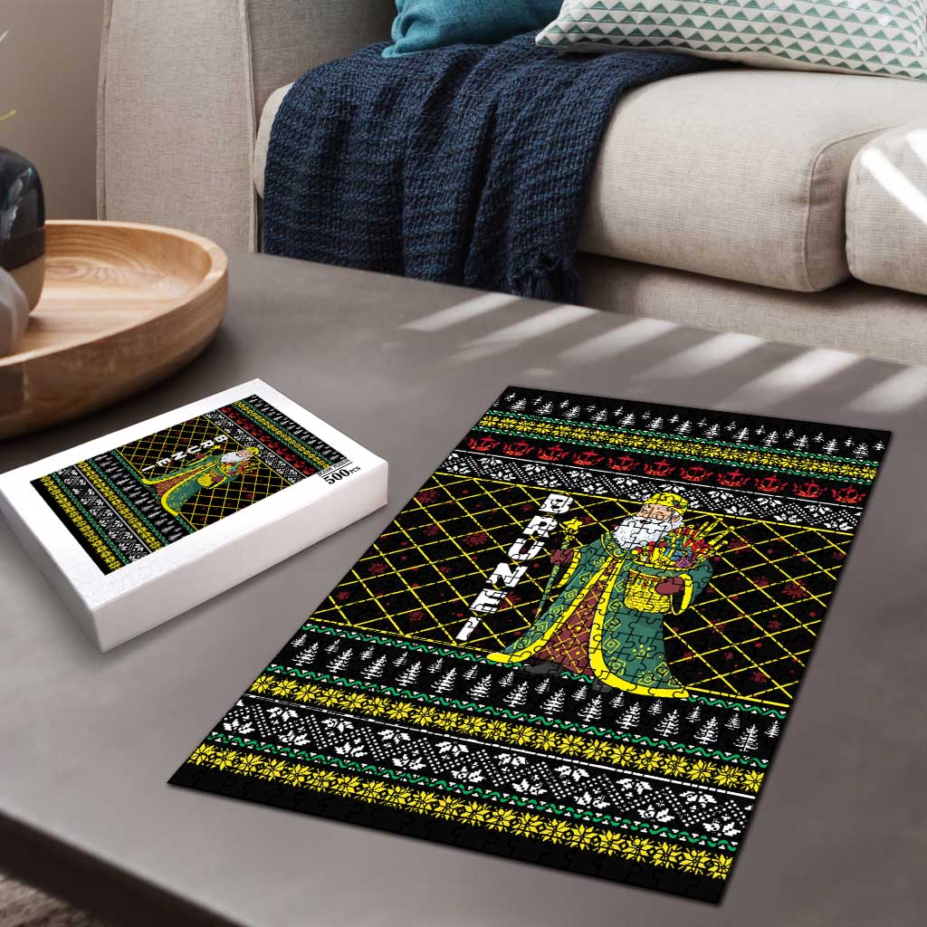 Brunei Christmas Puzzle with Traditional Santa Gift Basket and Black Yellow Red Holiday Pattern - Wonder Print Shop