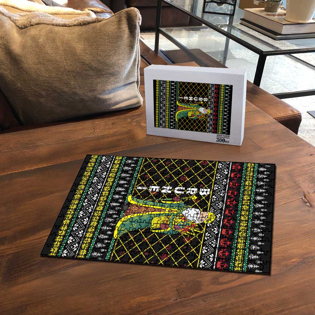 Brunei Christmas Puzzle with Traditional Santa Gift Basket and Black Yellow Red Holiday Pattern - Wonder Print Shop