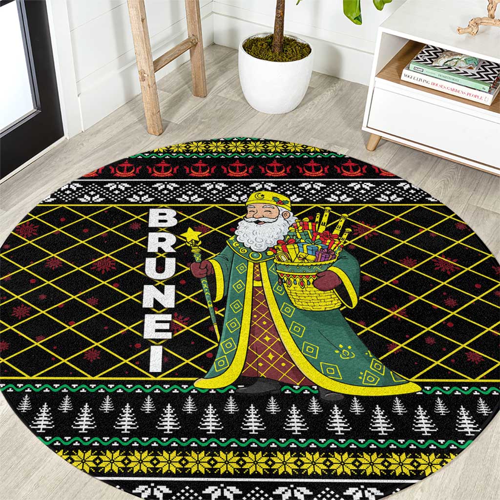 Brunei Christmas Round Carpet with Traditional Santa Gift Basket and Black Yellow Red Holiday Pattern - Wonder Print Shop