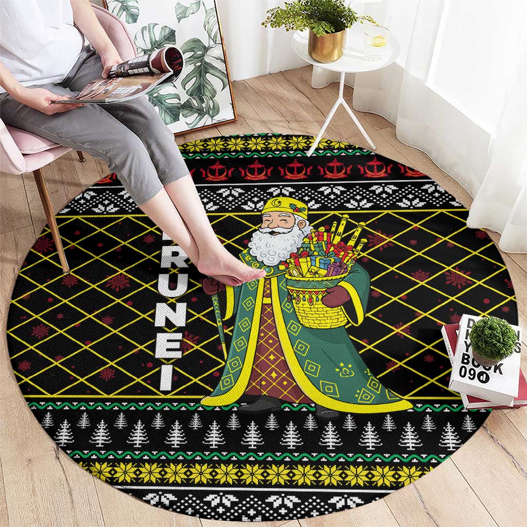 Brunei Christmas Round Carpet with Traditional Santa Gift Basket and Black Yellow Red Holiday Pattern - Wonder Print Shop