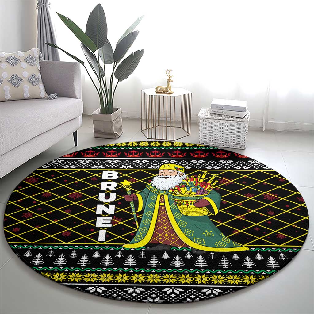 Brunei Christmas Round Carpet with Traditional Santa Gift Basket and Black Yellow Red Holiday Pattern - Wonder Print Shop