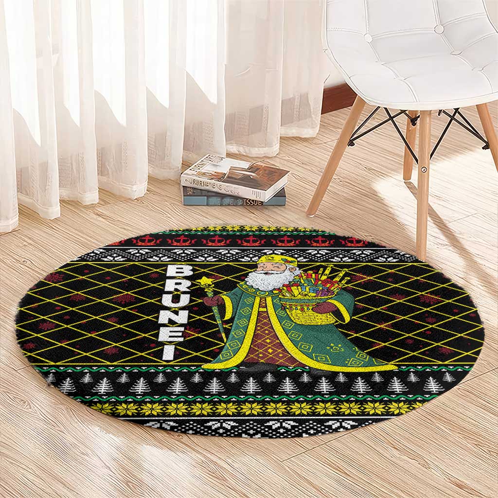 Brunei Christmas Round Carpet with Traditional Santa Gift Basket and Black Yellow Red Holiday Pattern - Wonder Print Shop