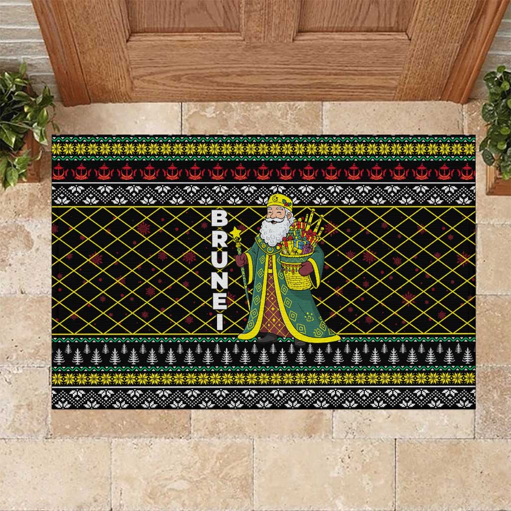 Brunei Christmas Rubber Doormat with Traditional Santa Gift Basket and Black Yellow Red Holiday Pattern - Wonder Print Shop