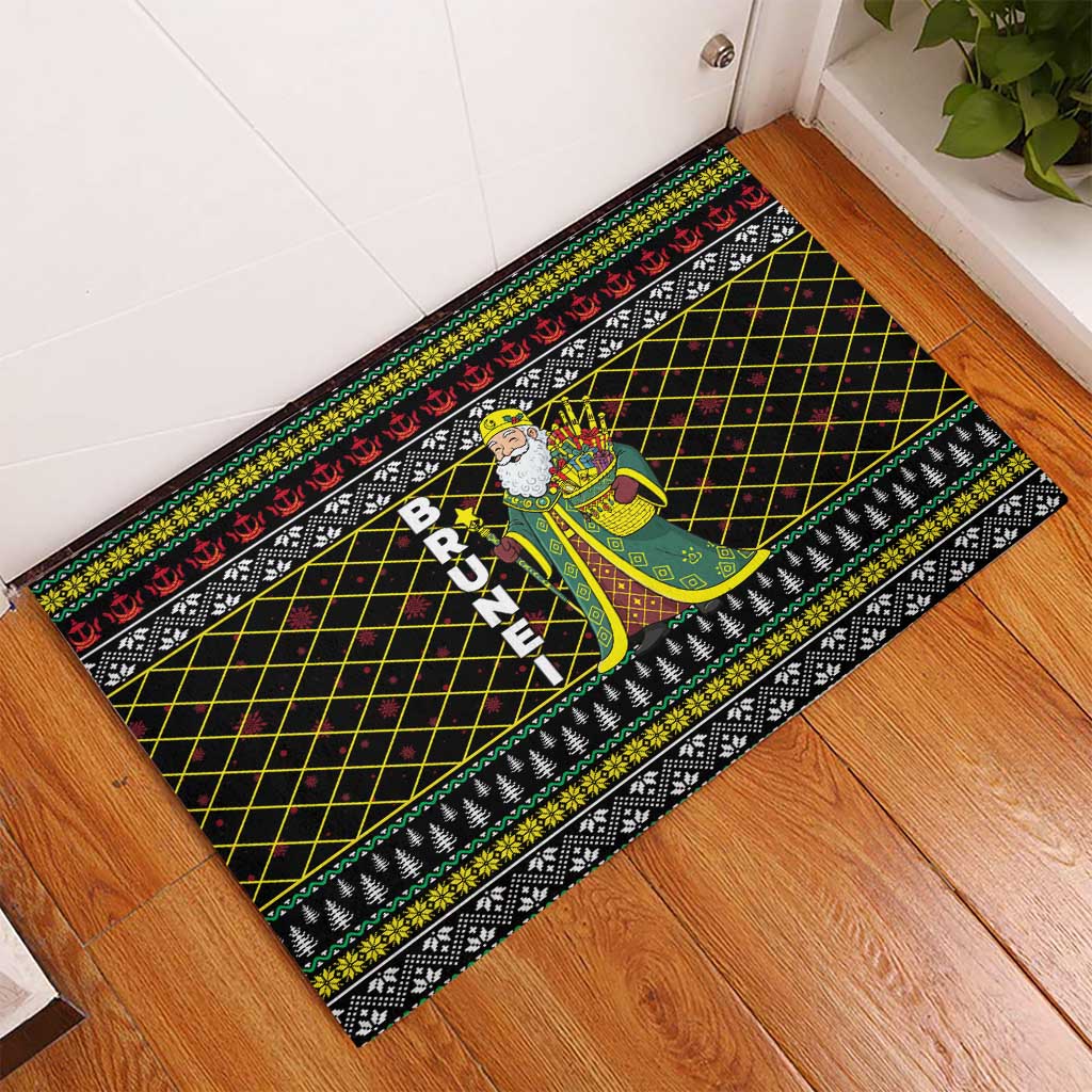 Brunei Christmas Rubber Doormat with Traditional Santa Gift Basket and Black Yellow Red Holiday Pattern - Wonder Print Shop