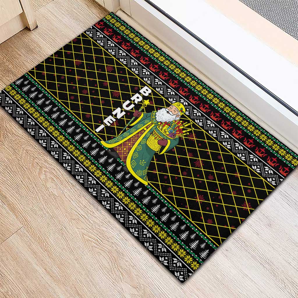 Brunei Christmas Rubber Doormat with Traditional Santa Gift Basket and Black Yellow Red Holiday Pattern - Wonder Print Shop