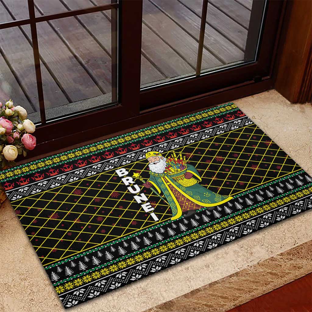 Brunei Christmas Rubber Doormat with Traditional Santa Gift Basket and Black Yellow Red Holiday Pattern - Wonder Print Shop