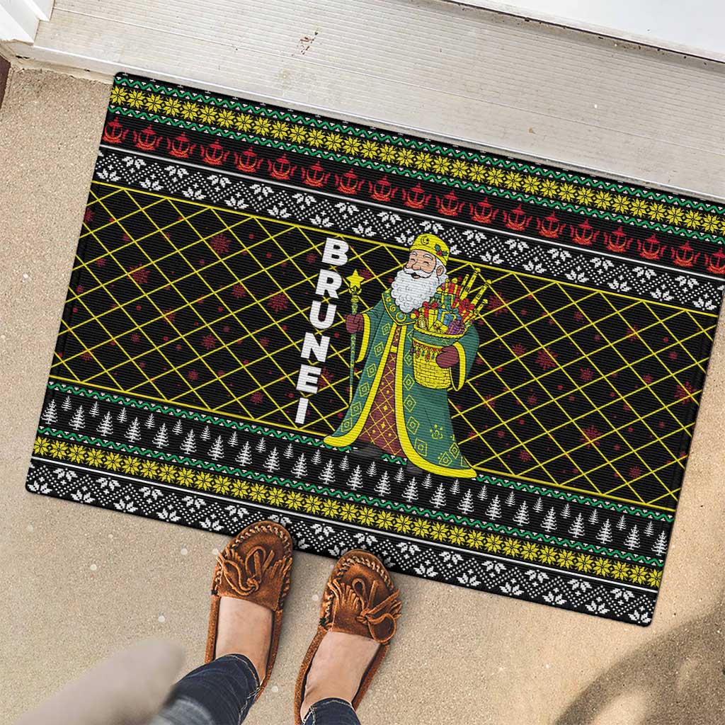 Brunei Christmas Rubber Doormat with Traditional Santa Gift Basket and Black Yellow Red Holiday Pattern - Wonder Print Shop