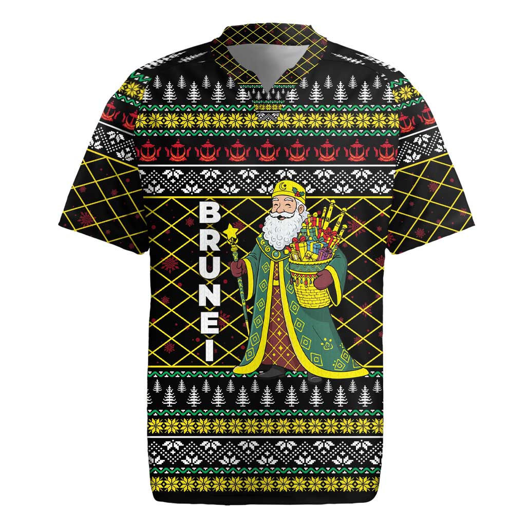 Brunei Christmas Rugby Jersey with Traditional Santa Gift Basket and Black Yellow Red Holiday Pattern - Wonder Print Shop
