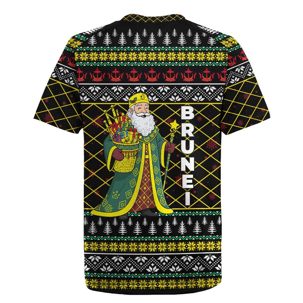 Brunei Christmas Rugby Jersey with Traditional Santa Gift Basket and Black Yellow Red Holiday Pattern - Wonder Print Shop