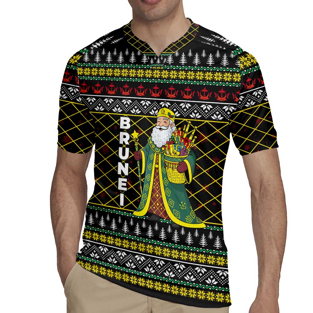 Brunei Christmas Rugby Jersey with Traditional Santa Gift Basket and Black Yellow Red Holiday Pattern - Wonder Print Shop