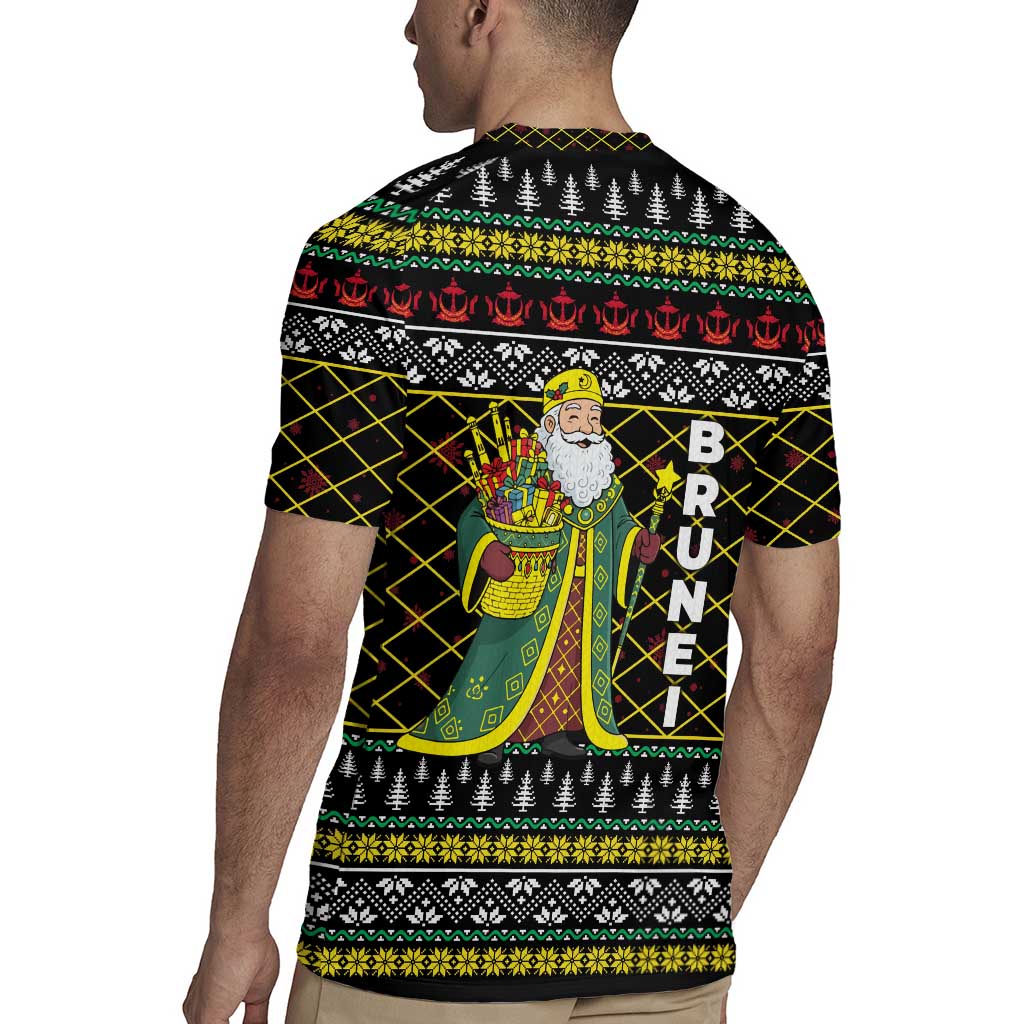 Brunei Christmas Rugby Jersey with Traditional Santa Gift Basket and Black Yellow Red Holiday Pattern - Wonder Print Shop